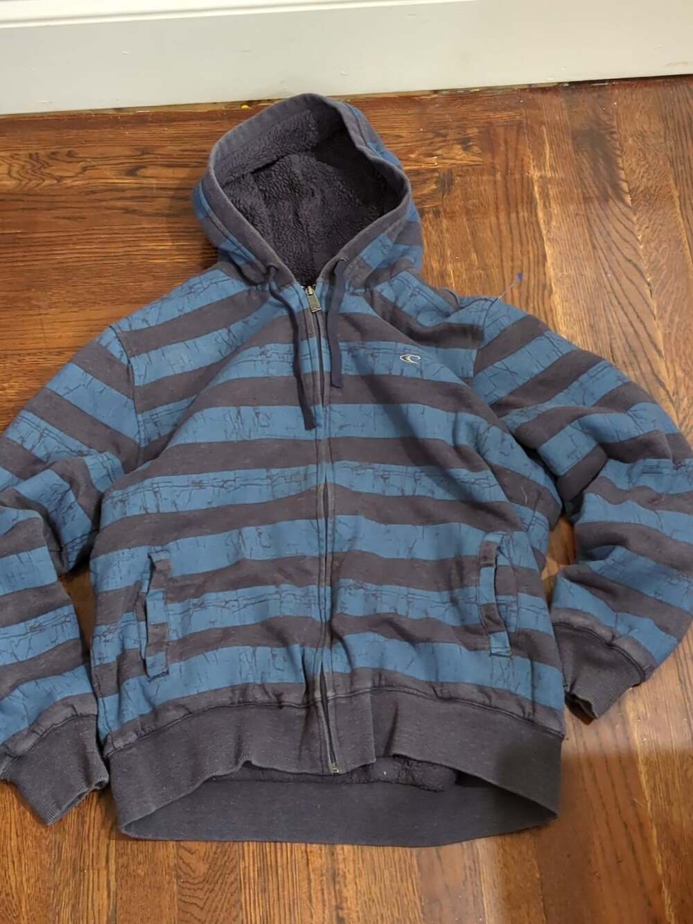O'Neill Striped Sherpa Lined Zip Up Hoodie Blue Gray Medium